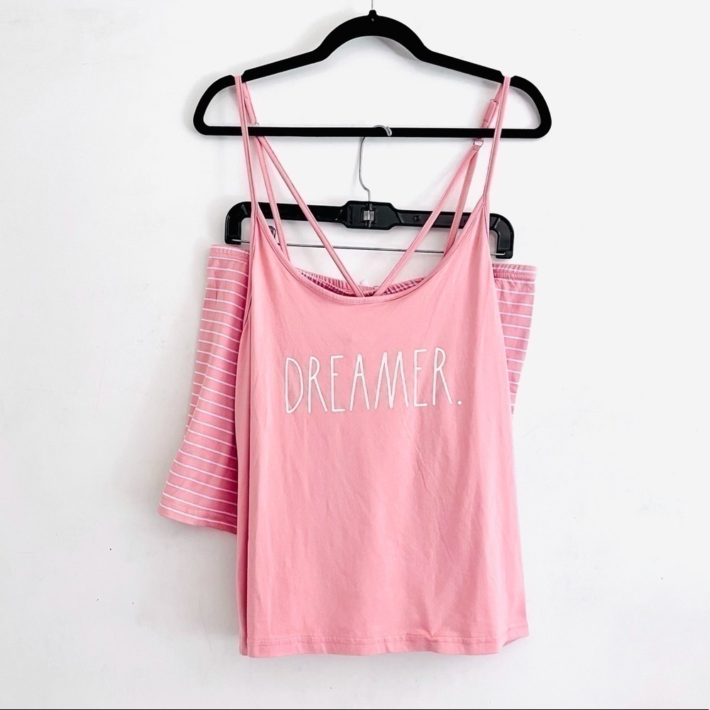 Rae Dunn Pajama Set L NWT Dreamer Cross Back Cami Striped Shorts Clay Pink